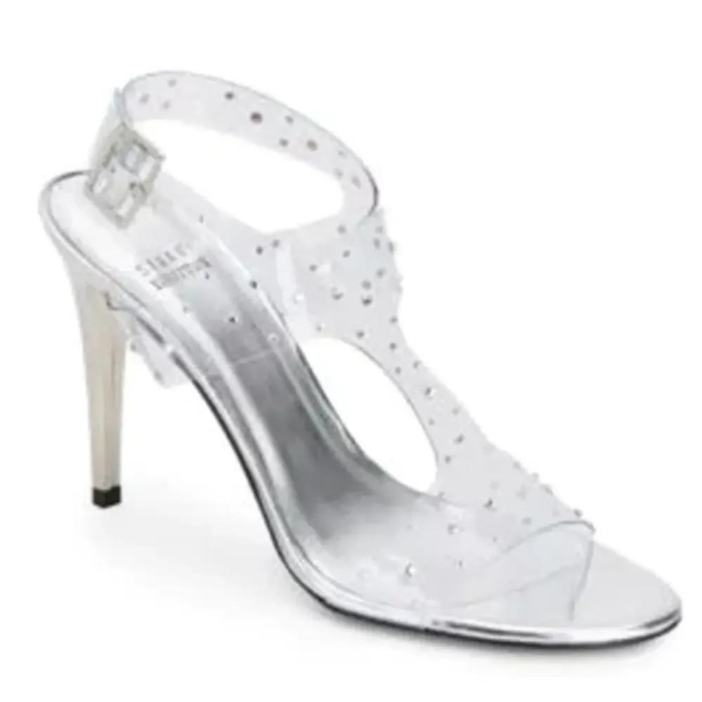 Stuart Weitzman Clear Silver Crystal Embellishments T-Strap Sandal Heels size 7 - Picture 3 of 11